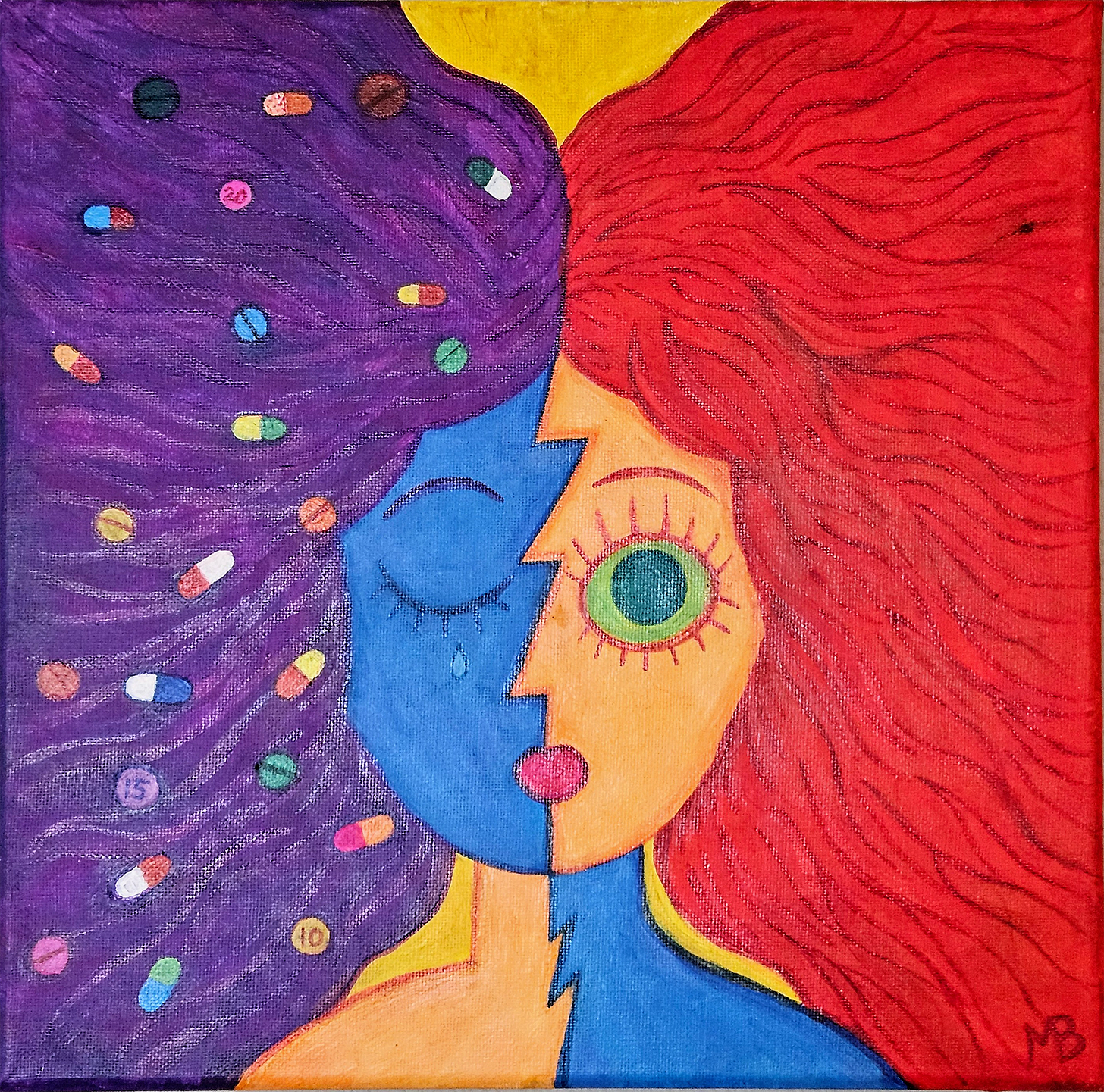Painting of a female with purple hair and pills in her hair and a sad face on the left and a yellow, happy face with red hair on the right