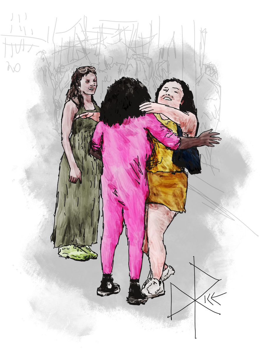 Meeting at a street festival, two friends greet each other with open arms and full hearts. A third friend stands behind them and enjoys their interaction. Sketch art by Don Rice. Meeting at a street festival, two friends greet each other with open arms and full hearts. A third friend stands behind them and enjoys their interaction. Sketch art by Don Rice.