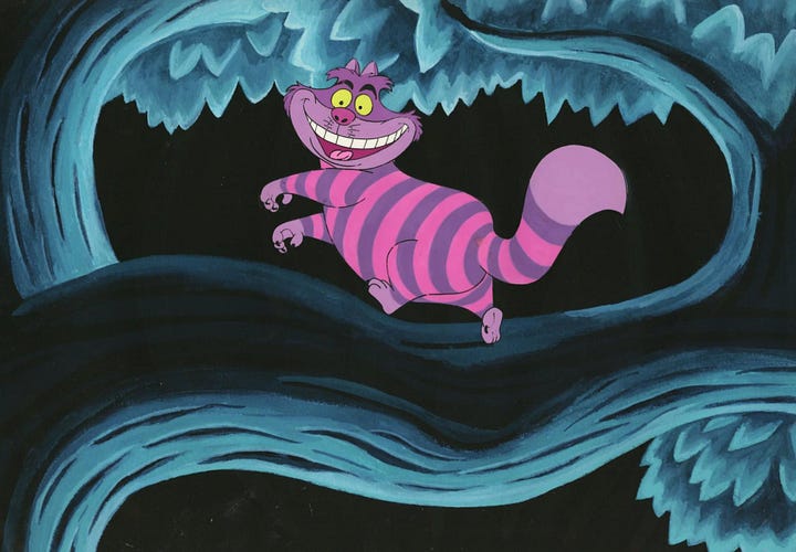 Four images - Alice, Mad Hatter, Cheshire Cat, Caterpillar