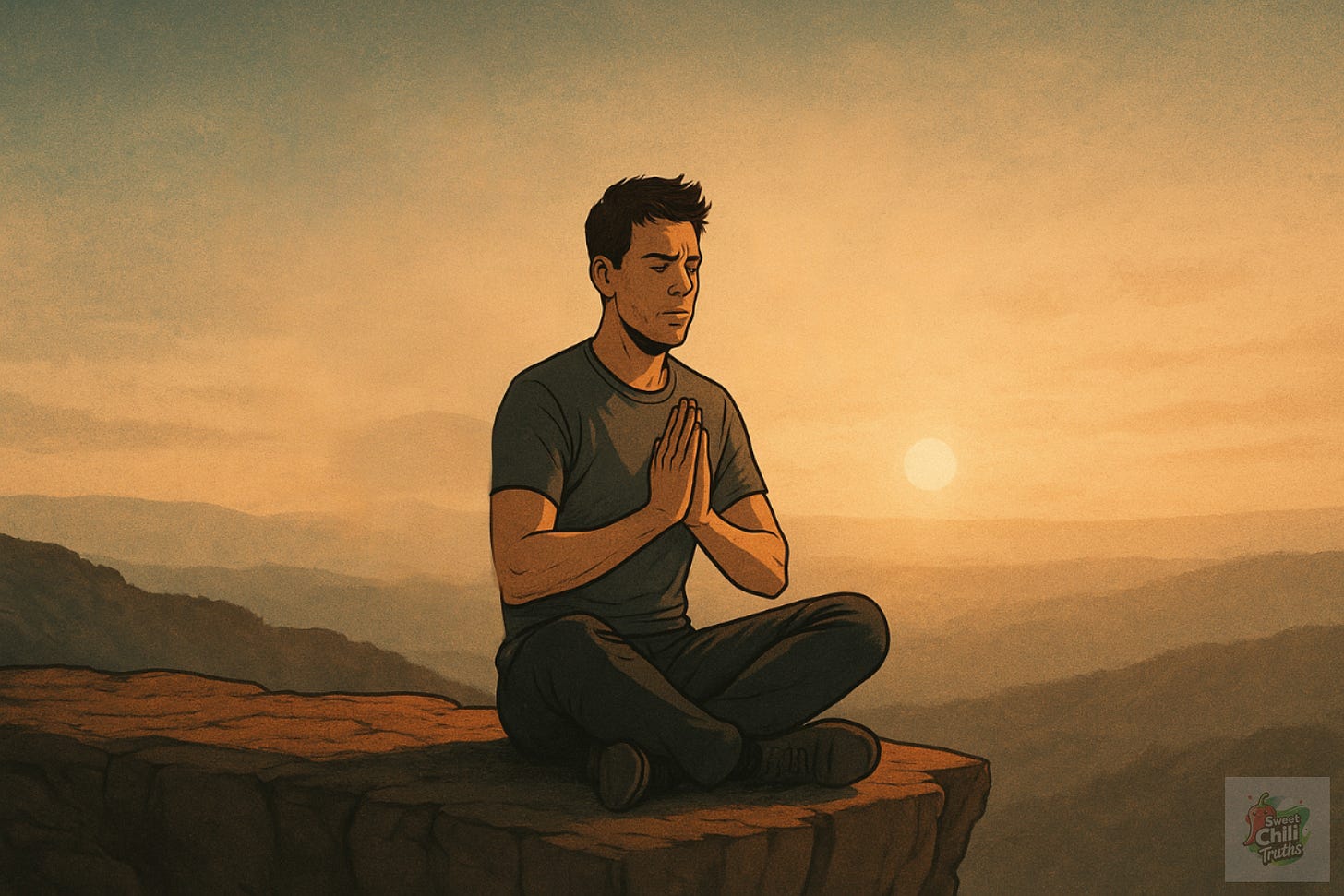 Cinematic illustration of a man meditating on a cliffside at sunset. The warm, earthy landscape and soft film-grain texture evoke transformation from stress to empowerment, symbolizing emotional balance and inner renewal.