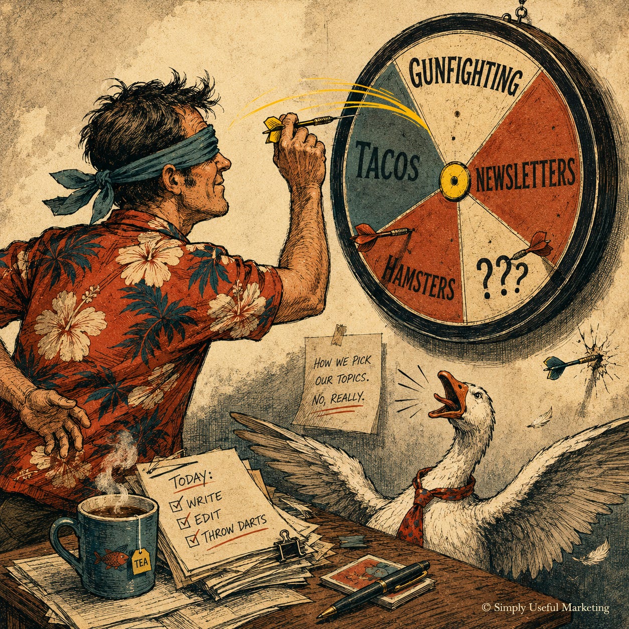 Blindfolded editor in a red Hawaiian shirt throws a dart at a topic dartboard labeled with random ideas while an angry Canada goose reacts in the foreground and a steaming tea mug sits nearby. Blindfolded editor in a red Hawaiian shirt throws a dart at a topic dartboard labeled with random ideas while an angry Canada goose reacts in the foreground and a steaming tea mug sits nearby.