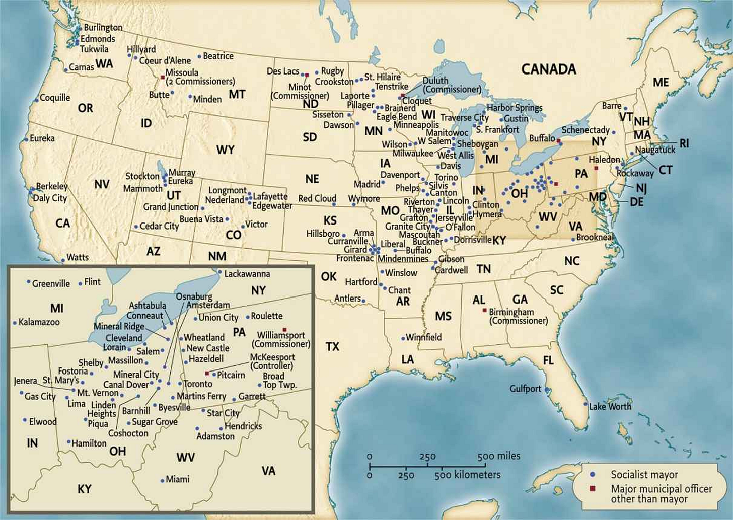 Picture of map of the United States with indication of several dozen cities that had Socialist Party mayors between 1900-20. Picture of map of the United States with indication of several dozen cities that had Socialist Party mayors between 1900-20.