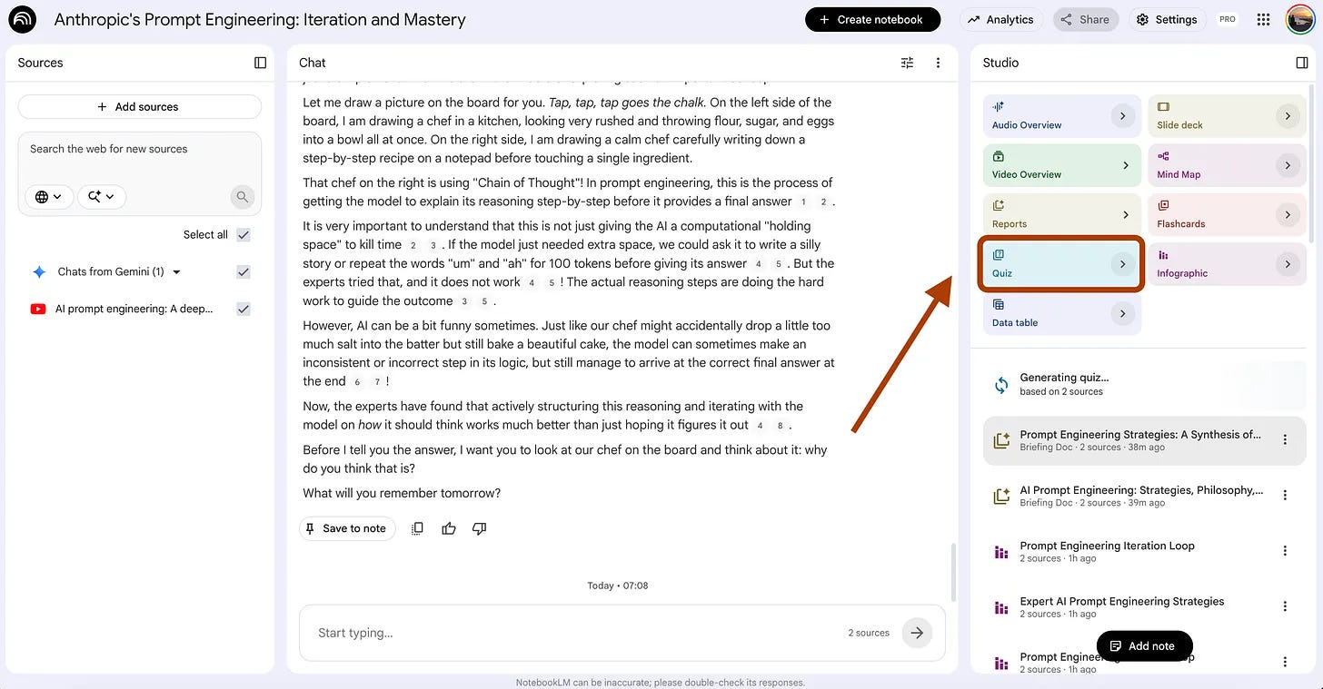 NotebookLM Studio panel with the Quiz feature highlighted NotebookLM Studio panel with the Quiz feature highlighted
