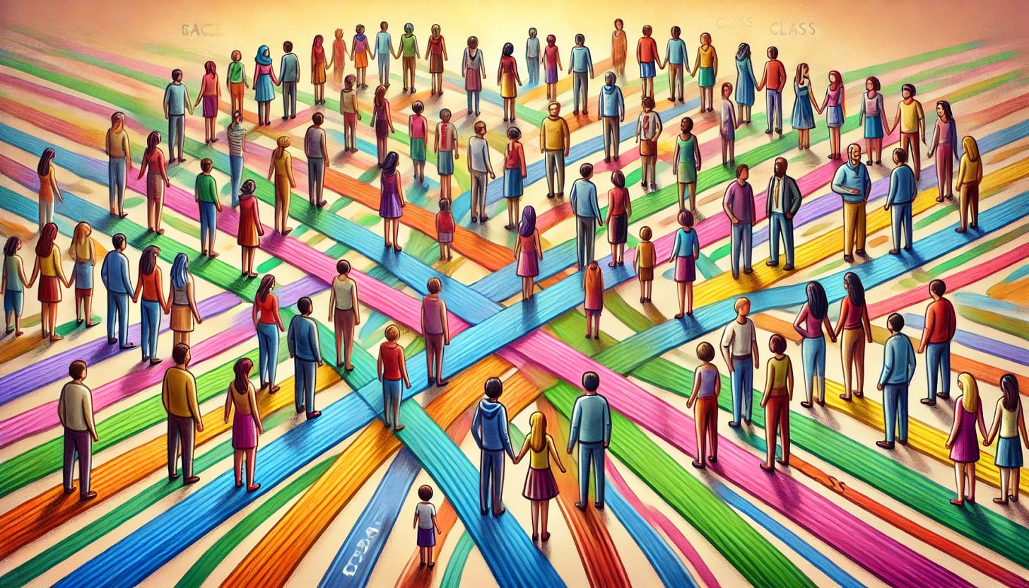 A conceptual representation of intersectionality with a diverse group of people standing at a crossroads made of overlapping, colorful paths. Each path is labeled with different identities like race, gender, class, and ability, forming an intricate web. The people at the intersection are varied in appearance, showing a mix of ethnicities, ages, and body types, symbolizing the interconnectedness of their experiences. The background features a soft, abstract blend of colors, emphasizing unity and complexity.