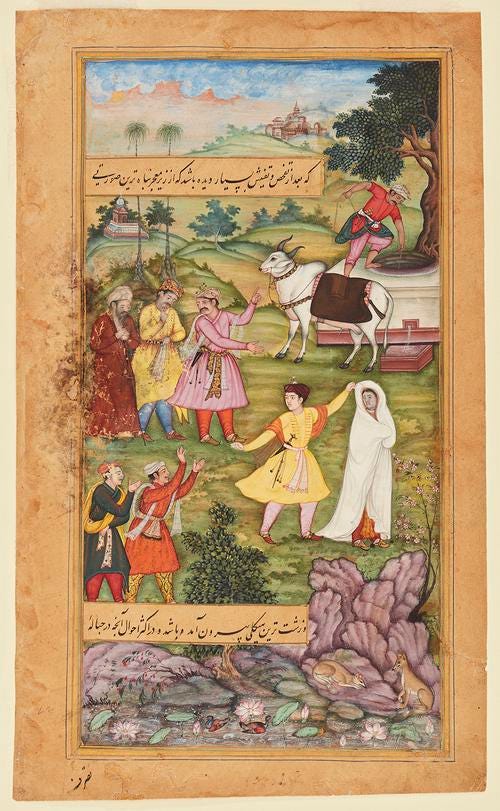 Captioned painting showing a man and woman in the middle-right, while five standing figures to their left point and laugh. Below is a river, filled with flowers, birds, and foxes. Above, a man lifts something out of a well using an ox, with rolling hills and two distant palaces beyond. Captioned painting showing a man and woman in the middle-right, while five standing figures to their left point and laugh. Below is a river, filled with flowers, birds, and foxes. Above, a man lifts something out of a well using an ox, with rolling hills and two distant palaces beyond.