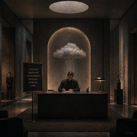 A nine-image conceptual visual essay showing different forms of creative atmosphere. The images include a person reading beside falling rain, a writer under an approved cloud in an institutional room, a figure seated before a large projected weather diagram, a person studying maps under golden light, a worldbuilder drawing over a glowing cosmic map, a quiet interior with several rooms and changing atmospheres, and two reflective portraits of writers in warm and shadowed light. The set explores the idea that creative work has its own emotional, symbolic, intellectual, and atmospheric weather.