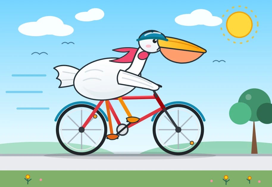 Blue cycling helmet, bicycle is missing one bar but otherwise an OK shape, has mudguards, nice background, OK beak.