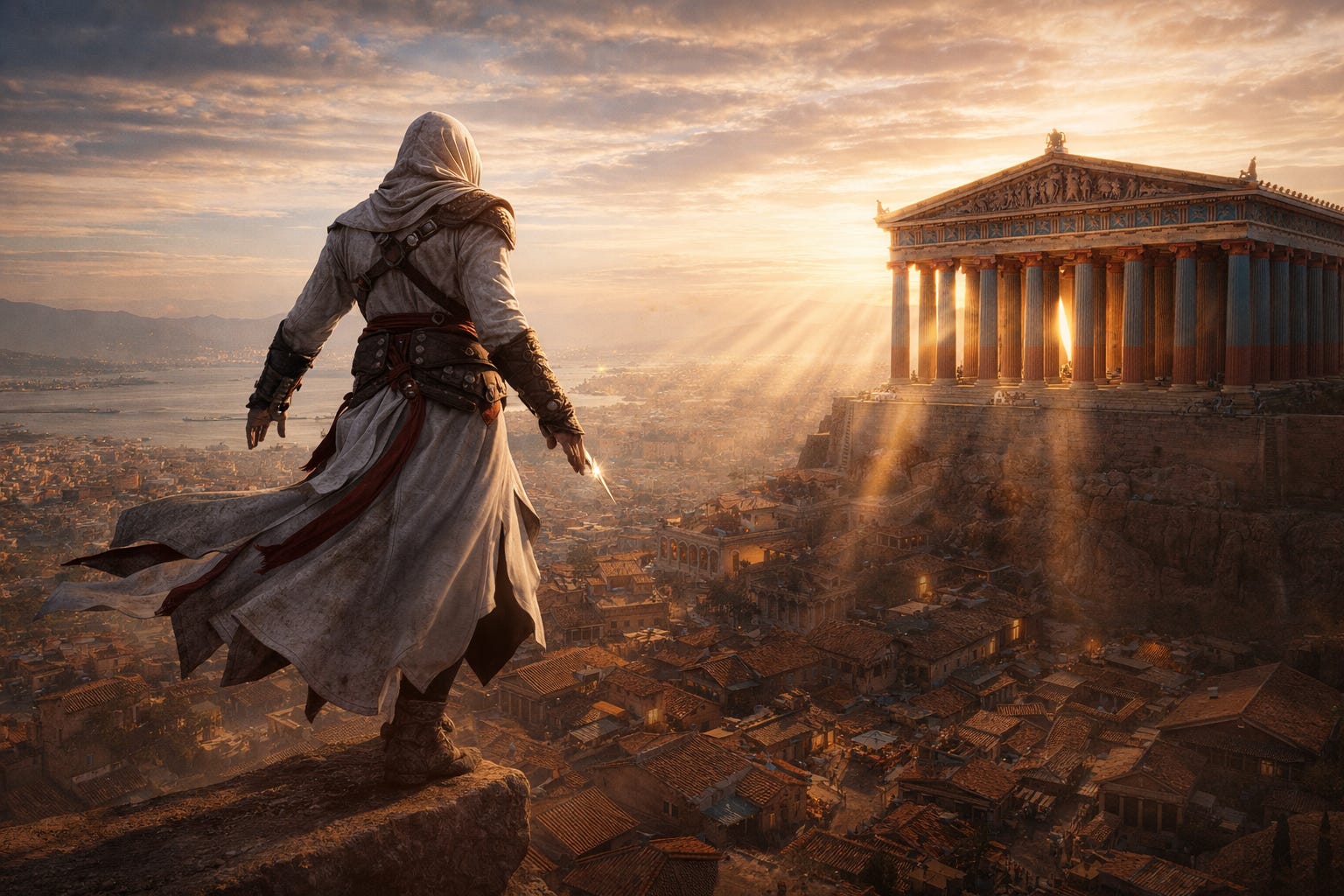 Hooded figure in white robes poised at a vantage spot, overlooking ancient Athens at golden hour with the painted Parthenon across the Akropolis summit — the moment before the leap of faith
