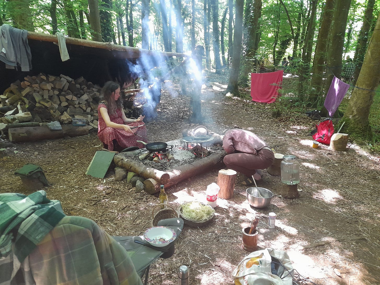 A clearing in the forest with a rectangualr hearth at its centre raised upon logs and stones. Two people are cooking there, various pots and ingredients scattered around them. Beyond is a huge orderly woodpile covered wit a tarpaulin. Smoke from the fire is lit up by sunbeams slanting through the trees. Towels are hung up to dry after a swim in the river nearby.