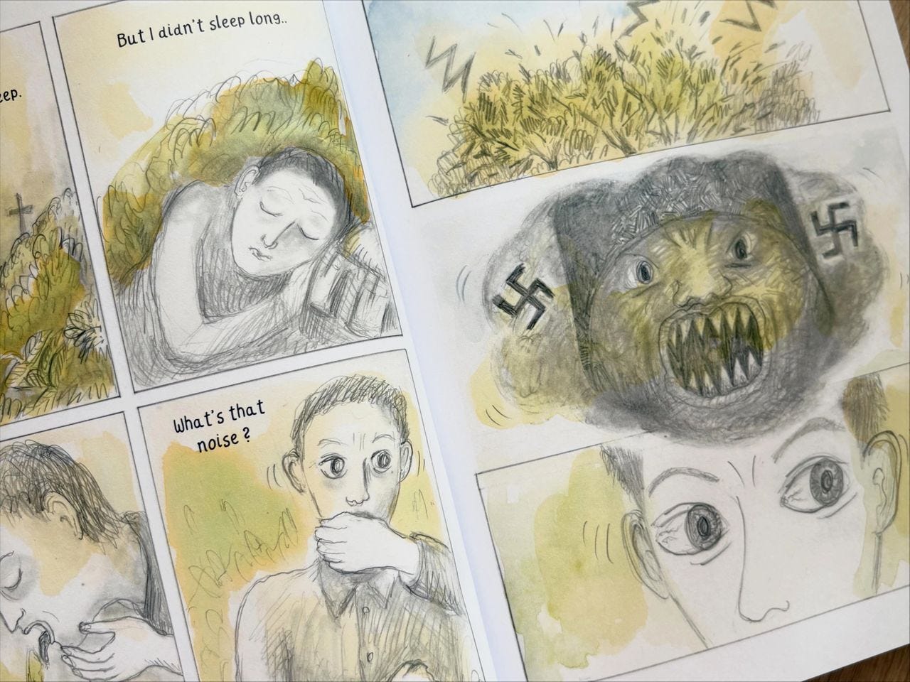 A preview of Henryk’s Escape, showcasing Yolanta’s dynamic visual storytelling and varied page layouts.