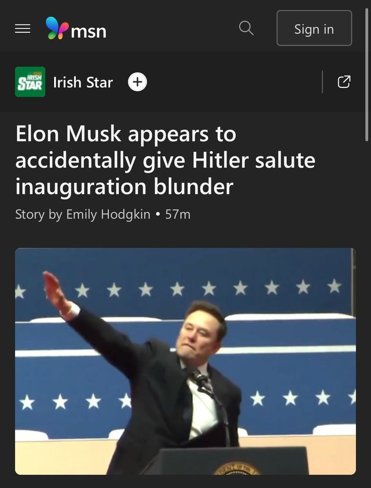 screenshot of online headline for the Irish Star, 'Elon Musk appears to accidentally give Hitler salute inauguration blunder'