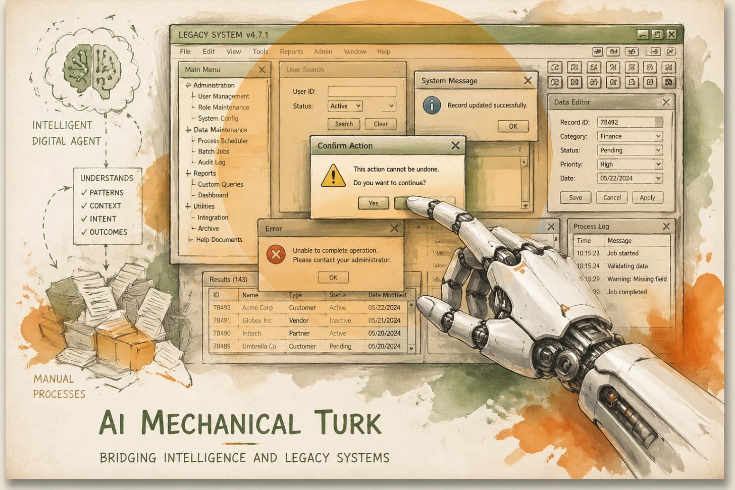 AI Mechanical Turk automation: watercolor illustration of an AI agent navigating a clunky legacy software dashboard, representing brute-force GUI automation when no API or MCP integration exists