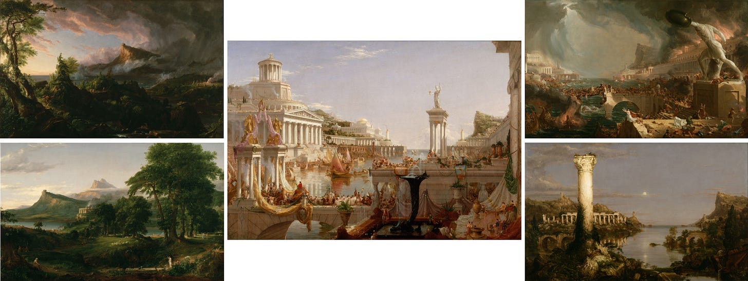 Five landscape paintings arranged on a white ground, two on the left, a larger city scene in the center and two on the right, showing the same bay from wilderness to ruins.