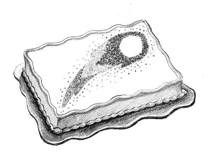 Black and white sketches of a three brownies in a stack, and a cake with a meteor on it