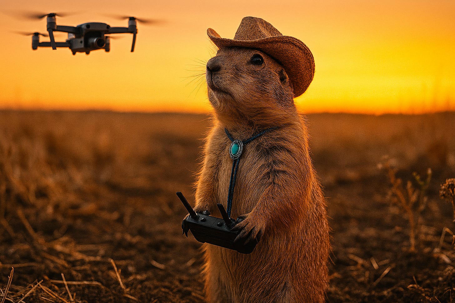 a focused little prairie dog farmer at sunset, drone controller in paw.