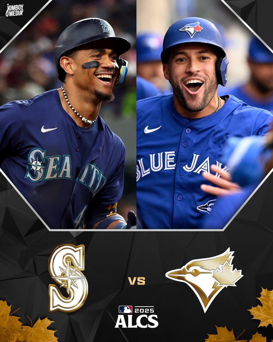 Split image showing a Seattle Mariners player on the left wearing a navy blue jersey and helmet, smiling with a chain necklace visible, and a Toronto Blue Jays player on the right in a blue jersey and helmet, smiling widely while holding a bat. Below the players, team logos for Mariners and Blue Jays appear with versus symbol and text ALCS. Jomboy Media watermark is present in the top corners. Gold and leaf accents frame the playoff theme for 2025 MLB. Split image showing a Seattle Mariners player on the left wearing a navy blue jersey and helmet, smiling with a chain necklace visible, and a Toronto Blue Jays player on the right in a blue jersey and helmet, smiling widely while holding a bat. Below the players, team logos for Mariners and Blue Jays appear with versus symbol and text ALCS. Jomboy Media watermark is present in the top corners. Gold and leaf accents frame the playoff theme for 2025 MLB.