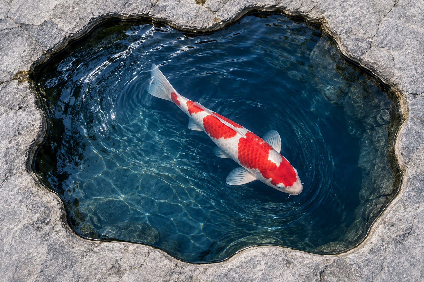 A large red and white koi fills a small blue pond surrounded by stone.