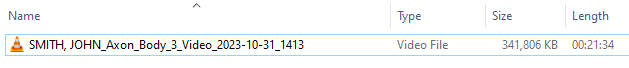 Screenshot of Windows File Explorer showing a video file titled "SMITH, JOHN_Axon_Body_3_Video_2023-10-31_1413" with VLC Media Player set as the associated program used to open it