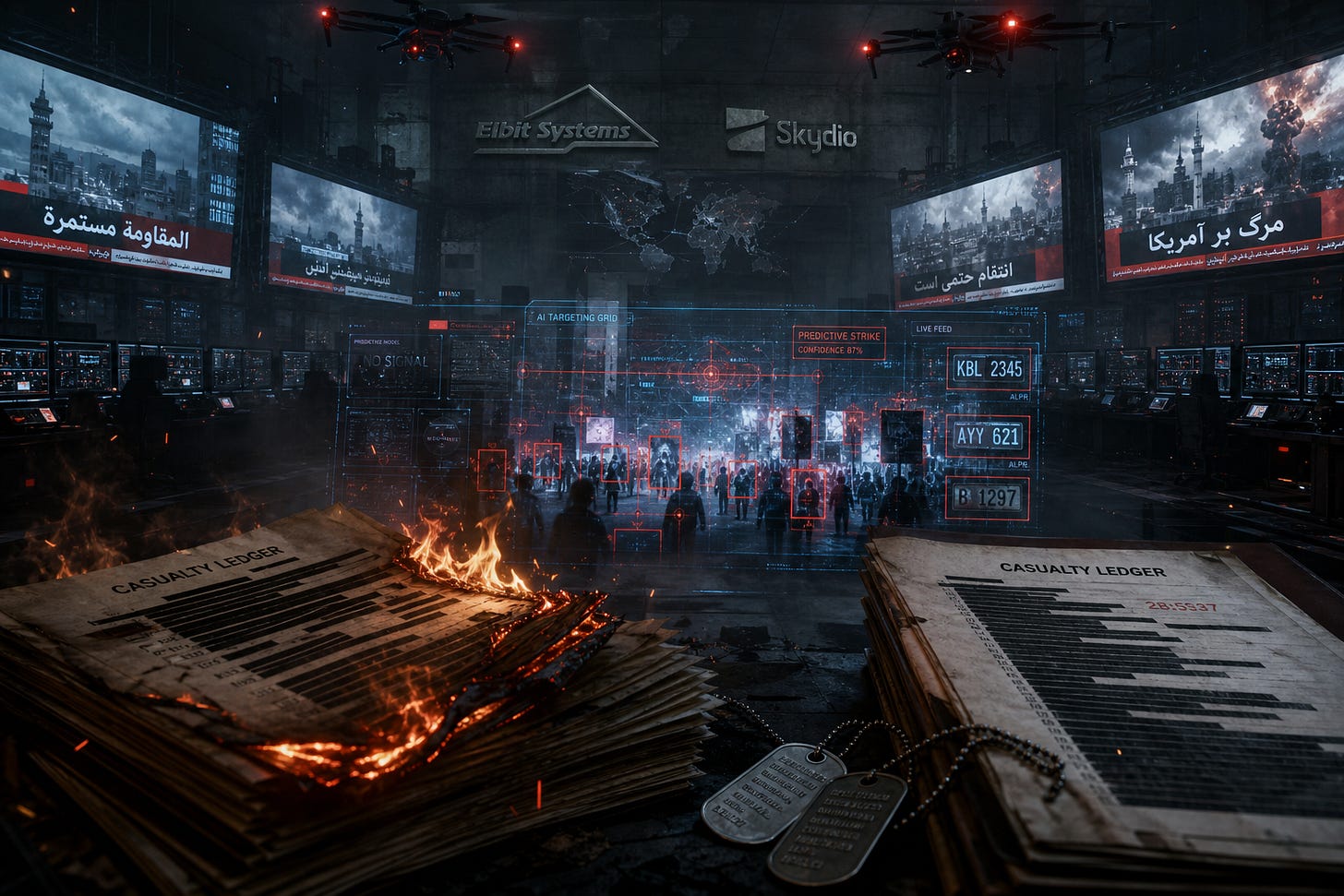 Invisible wars control room with drones AI propaganda for Substack