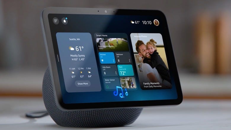Amazon Echo Show device on a table with the new Alexa+ experience Amazon Echo Show device on a table with the new Alexa+ experience