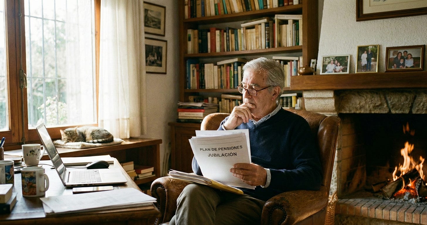 Jubilado analizando documentos en casa para planificar cómo rescatar su plan de pensiones pagando menos impuestos