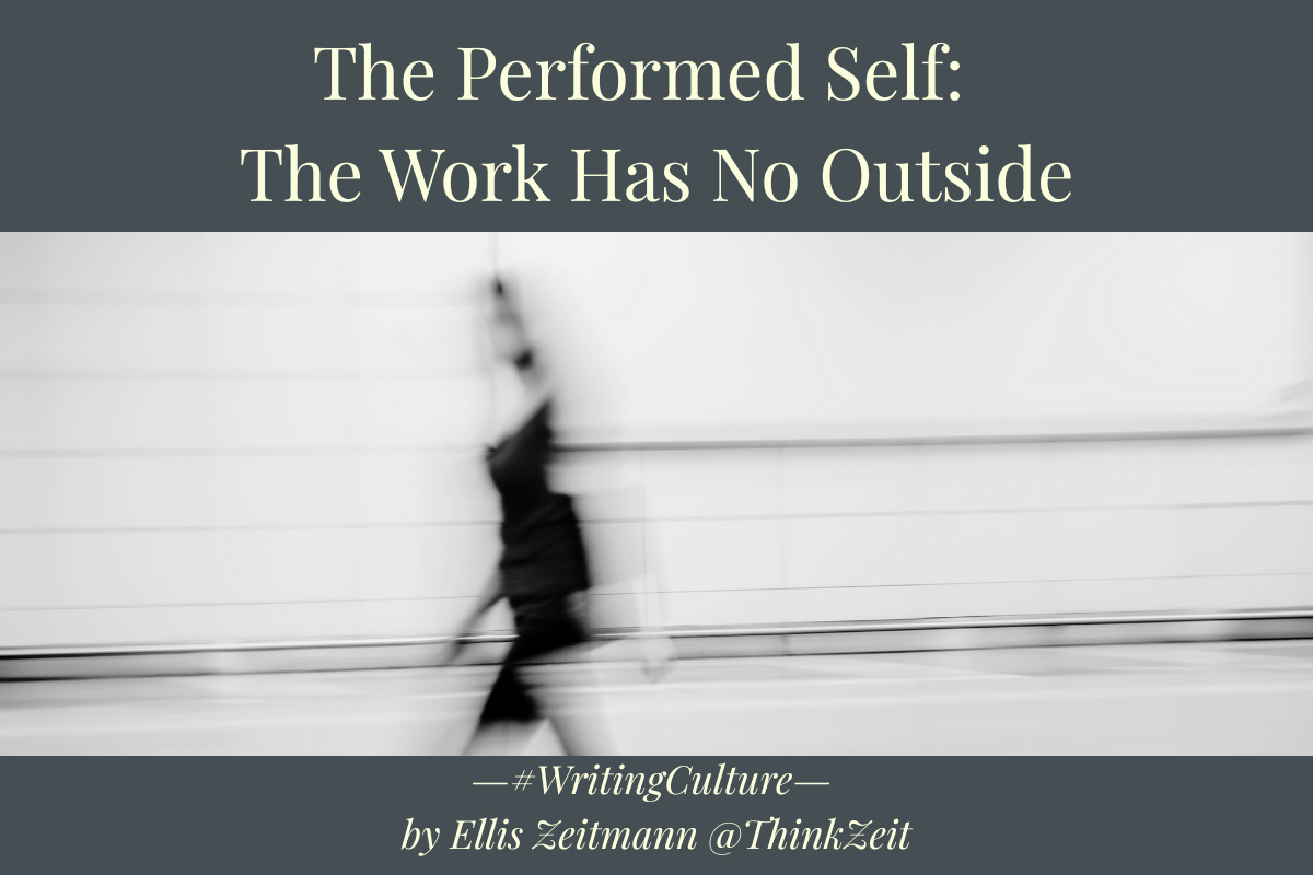 A blurred figure walking in motion against a minimal architectural background, suggesting continuous movement without arrival, reflecting the ongoing performance of self-work, part of The Performed Self, by Ellis Zeitmann. For ThinkZeit.