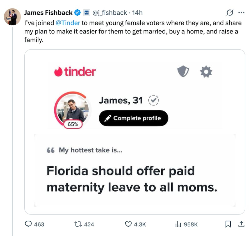 Screengrab of James Fishback's X post and Tinde profile. Screengrab of James Fishback's X post and Tinde profile.