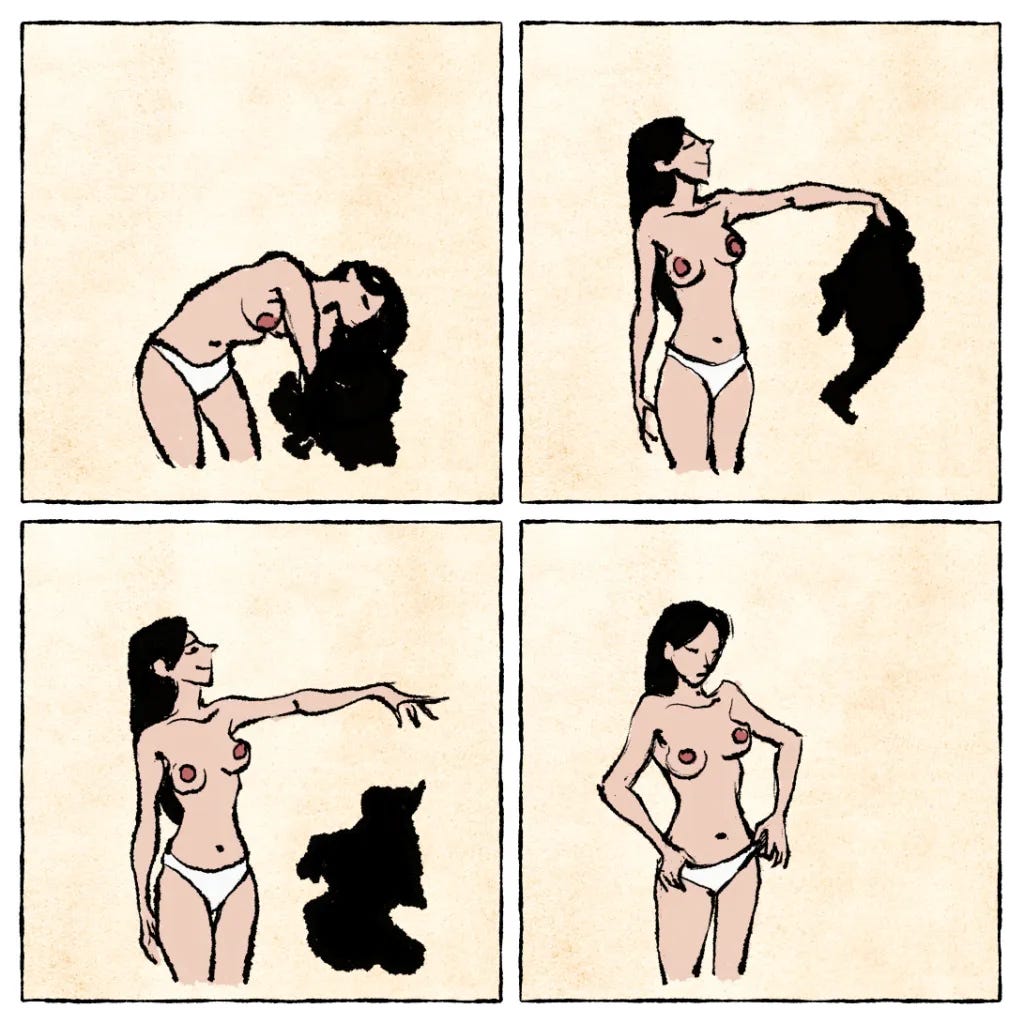Sequential comic art depicting a woman undressing gracefully, focusing on body acceptance and elegant sensuality. Sequential comic art depicting a woman undressing gracefully, focusing on body acceptance and elegant sensuality.