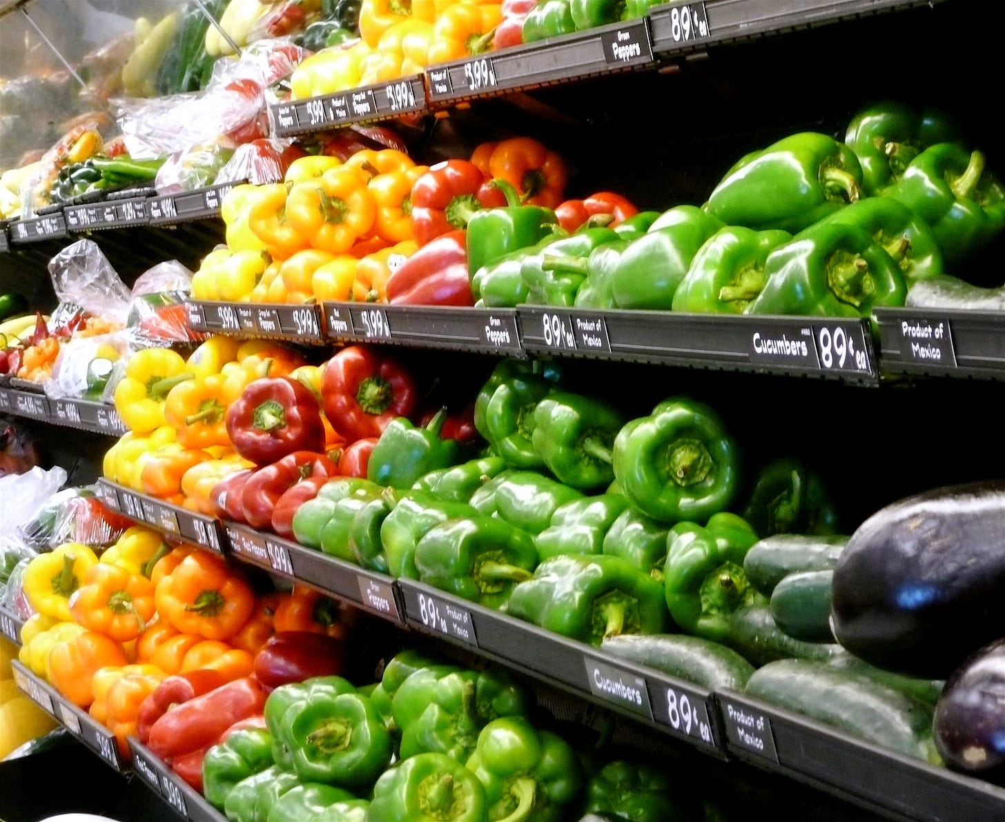 Vegetables on grocery store shelves