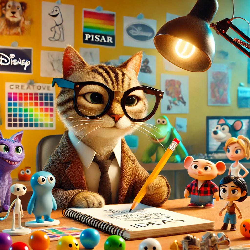 A creative workshop with Pixar and Disney characters brainstorming ideas. Include an animated cat wearing glasses, taking notes on a sketchpad. The environment should be colorful and inspiring.