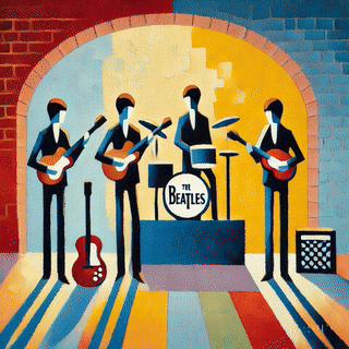 An artistic depiction of a musical band performing, featuring four band members playing guitars and drums under a colorful archway, with 'The Beatles' written on the drum set.