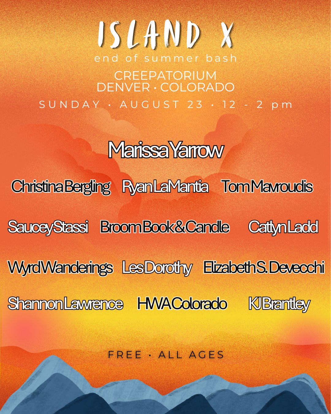 Flier listing the authors at the release party of Island X
