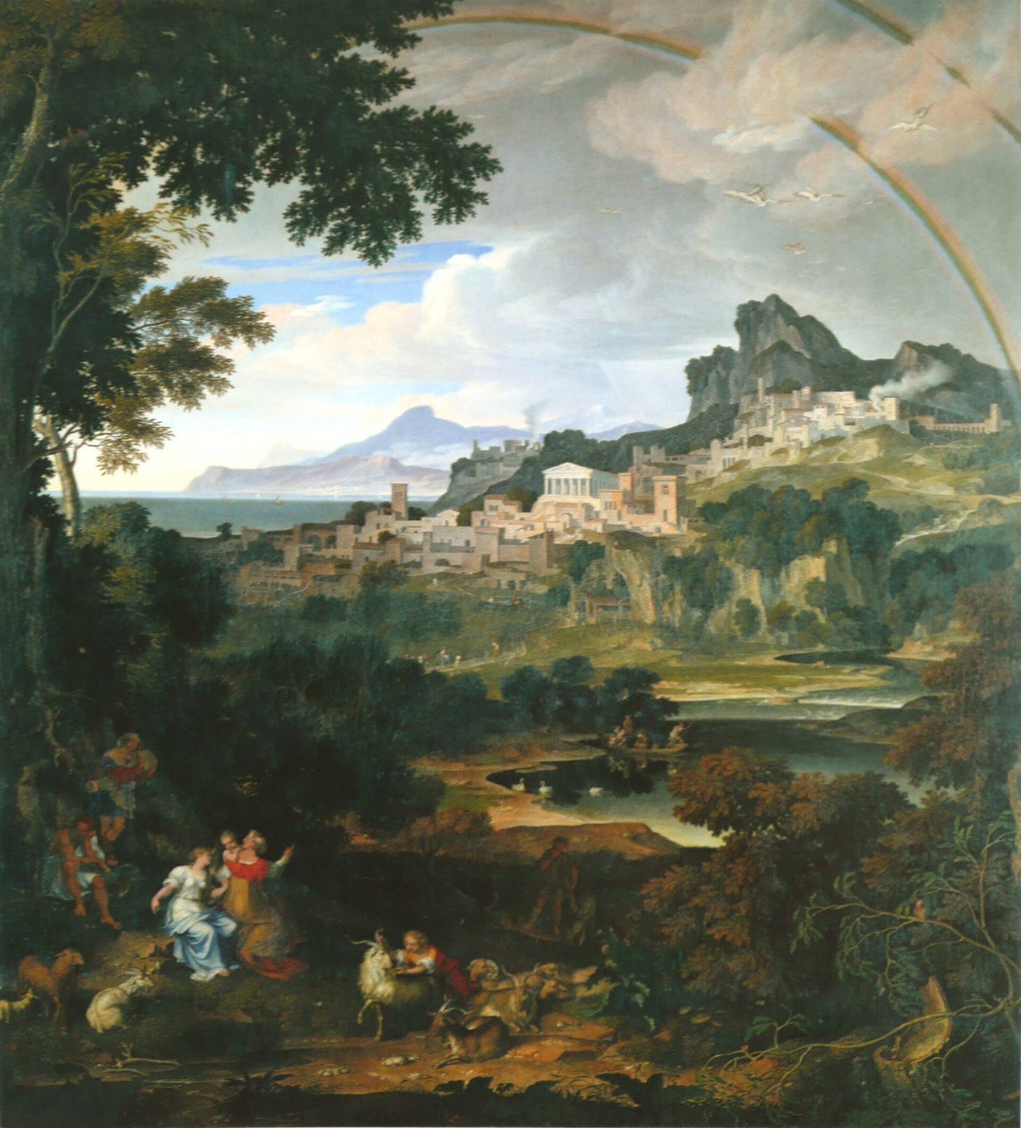 Koch's landscape under a double rainbow: a hillside town with a Greek temple above a bay, a lake in the middle and small figures resting in the dark foreground Koch's landscape under a double rainbow: a hillside town with a Greek temple above a bay, a lake in the middle and small figures resting in the dark foreground