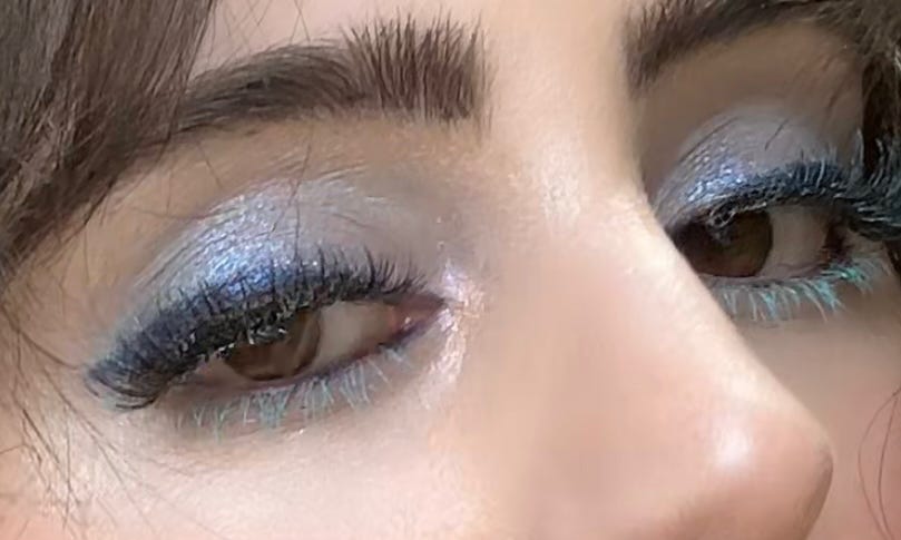 Close-up detail of the "Riviera Blue" eye makeup look created for The Beauty Ed®, featuring shimmering azure and sky-blue pigments from the Dior Beauty Dioriviera 2026 162 Summer Azur palette.