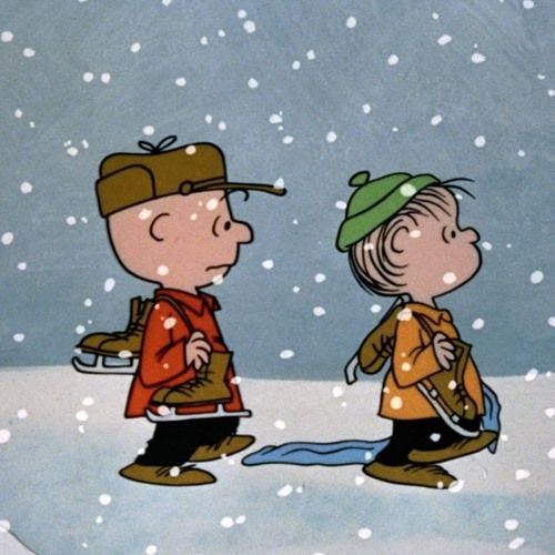 This may contain: a charlie brown christmas scene with two people walking in the snow and one person wearing a hat