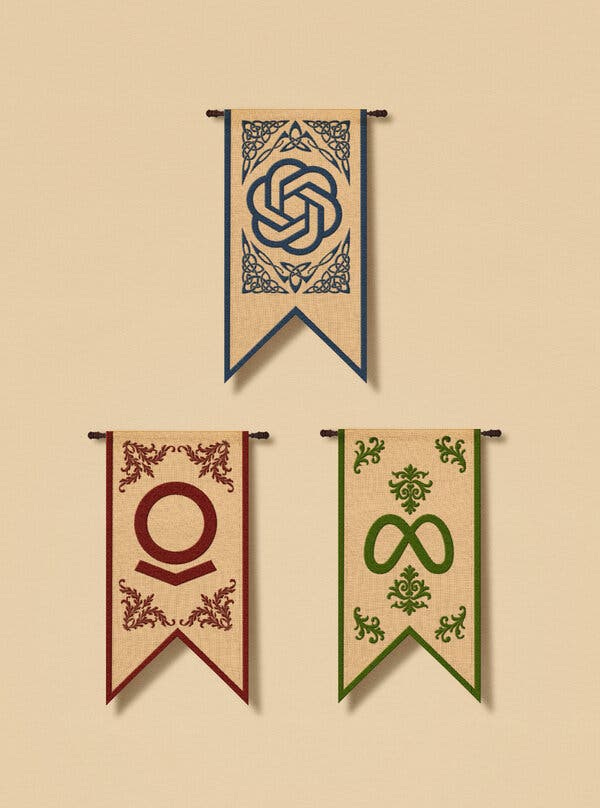 An illustration shows three medieval-looking banners. An illustration shows three medieval-looking banners.