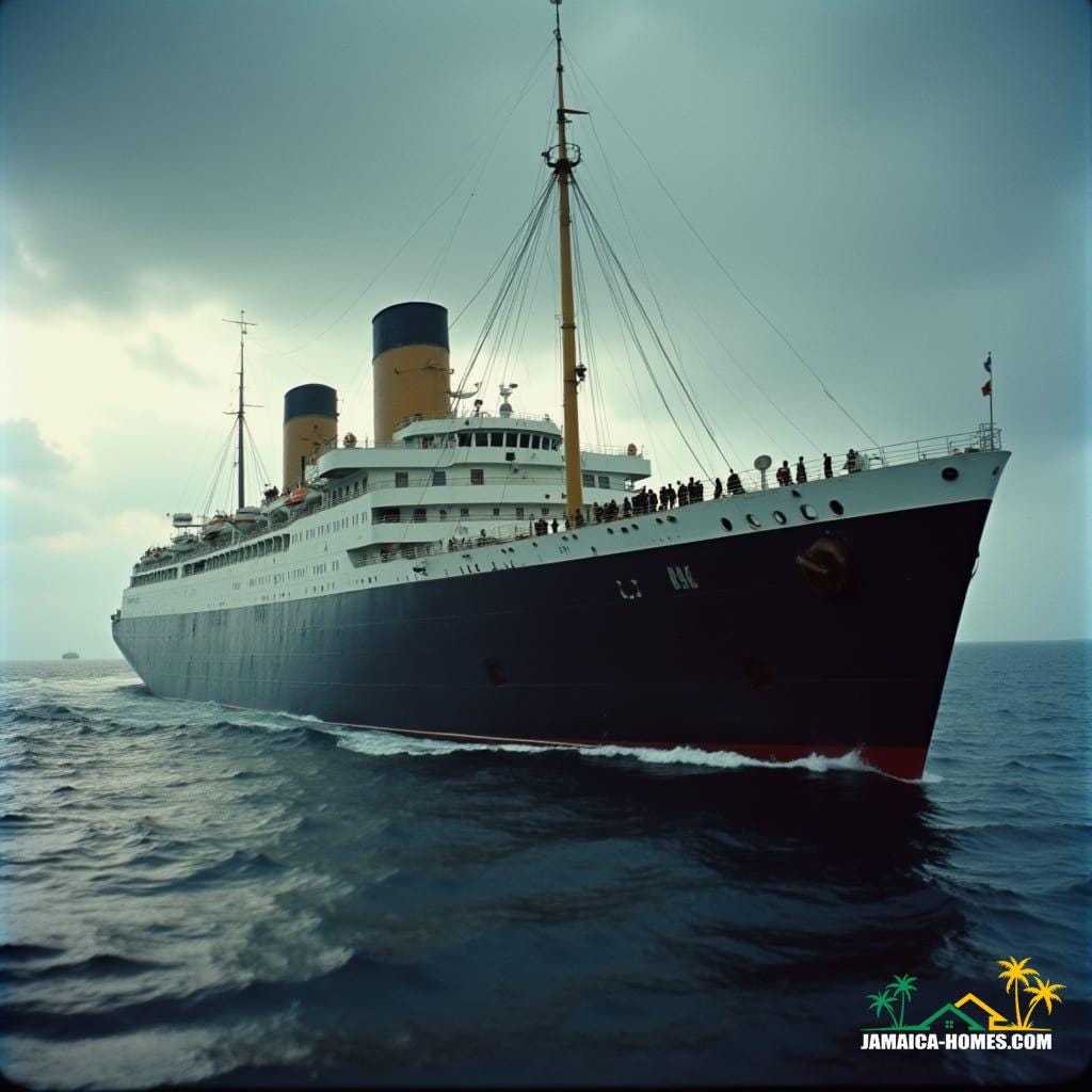  Cinematic film still of the HMT Empire Windrush arriving in Britain on June 22, 1948, carrying 1,027 Caribbean passengers. The ship is grand and imposing against a dramatic, overcast sky, with the passengers visible on deck, a sense of hopeful anticipation. Shot on v-raptor XL, 35mm film, with prominent film grain and a subtle vignette. Color graded and post-processed for a rich, atmospheric, and stunning quality, with masterful cinematic lighting that emphasizes the epic and dramatic scale of the moment. A testament to live-action filmmaking, rendered in the best quality.