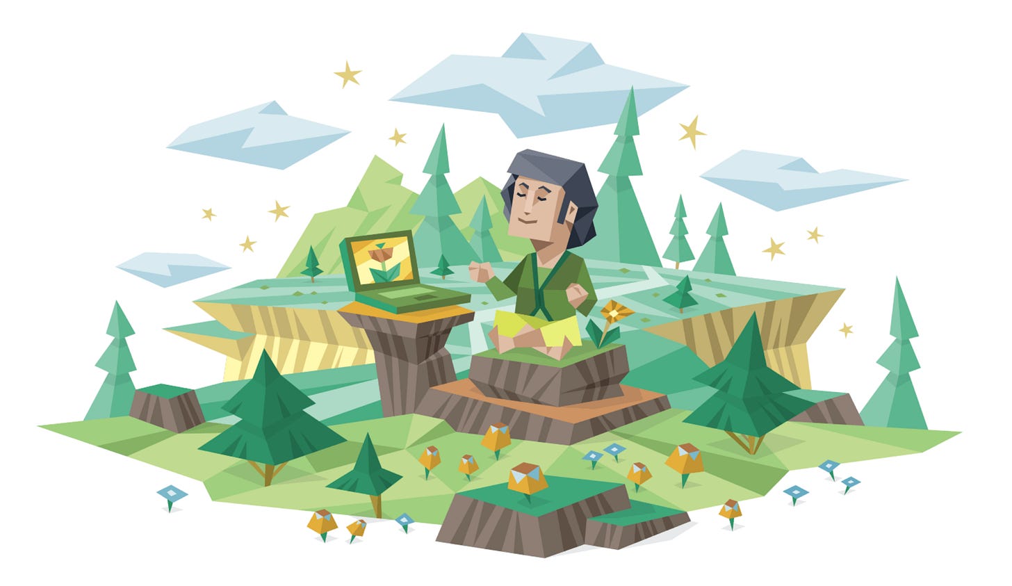 An INFP (Mediator) man sitting cross-legged on a mossy rock while following a guided meditation from his laptop in a forest with evergreen trees, clouds, and stars. An INFP (Mediator) man sitting cross-legged on a mossy rock while following a guided meditation from his laptop in a forest with evergreen trees, clouds, and stars.