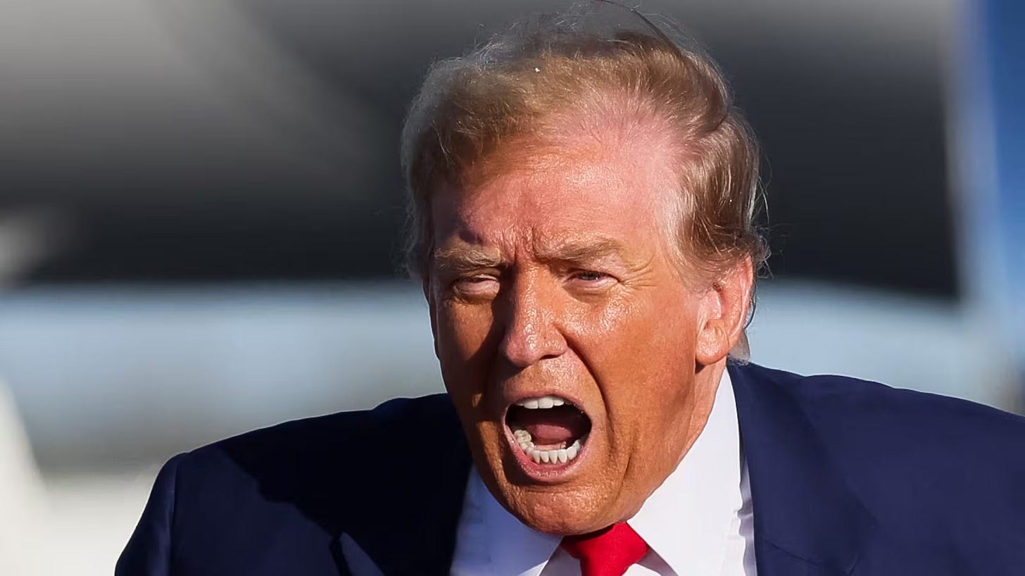 Donald Trump shouts during a campaign event in Freeland, Michigan, U.S. May 1, 2024. Donald Trump shouts during a campaign event in Freeland, Michigan, U.S. May 1, 2024.