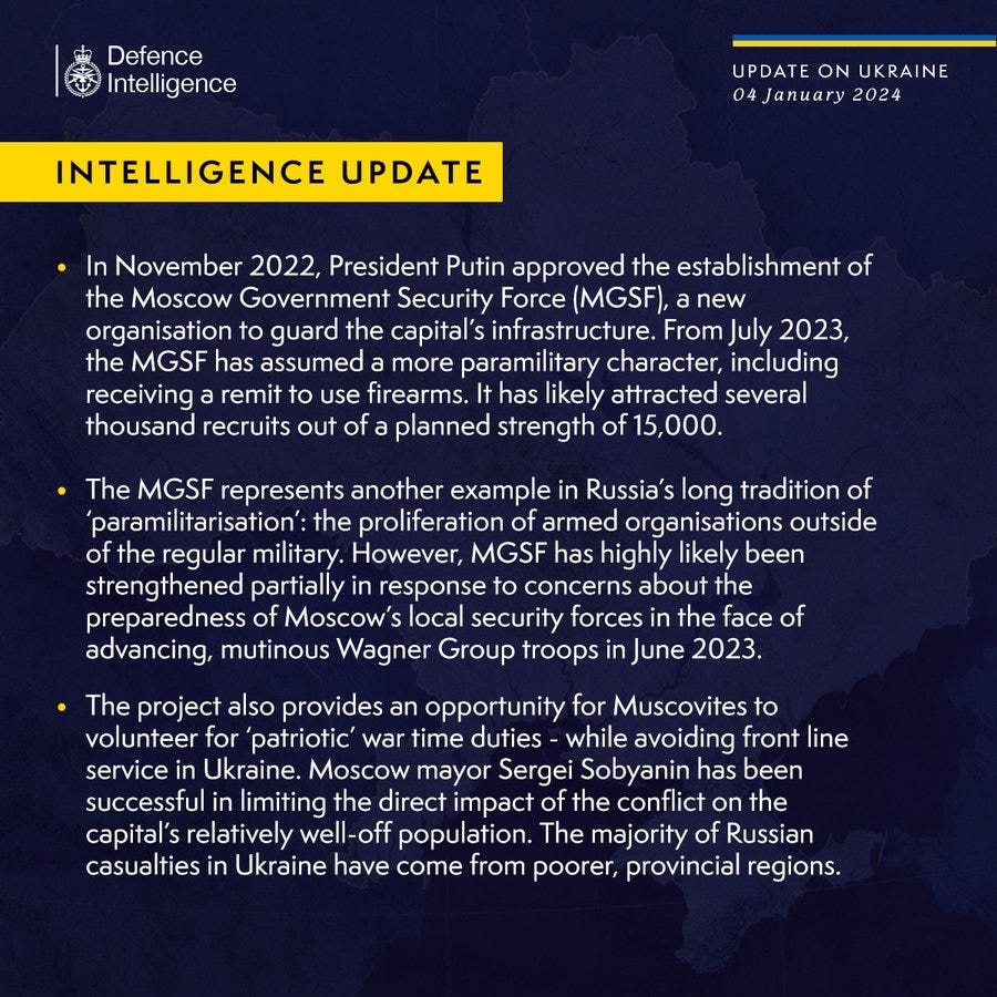 Graphic reads: In November 2022, President Putin approved the establishment of the Moscow Government Security Force (MGSF), a new organisation to guard the capital’s infrastructure. From July 2023, the MGSF has assumed a more paramilitary character, including receiving a remit to use firearms. It has likely attracted several thousand recruits out of a planned strength of 15,000.

The MGSF represents another example in Russia’s long tradition of ‘paramilitarisation’: the proliferation of armed organisations outside of the regular military. However, MGSF has highly likely been strengthened partially in response to concerns about the preparedness of Moscow’s local security forces in the face of advancing, mutinous Wagner Group troops in June 2023.

The project also provides an opportunity for Muscovites to volunteer for ‘patriotic’ war time duties - while avoiding front line service in Ukraine ...