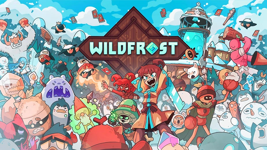 Colorful animated scene with diverse characters in action, set in a snowy landscape. "WILDFROST" text in the center. Energetic mood.