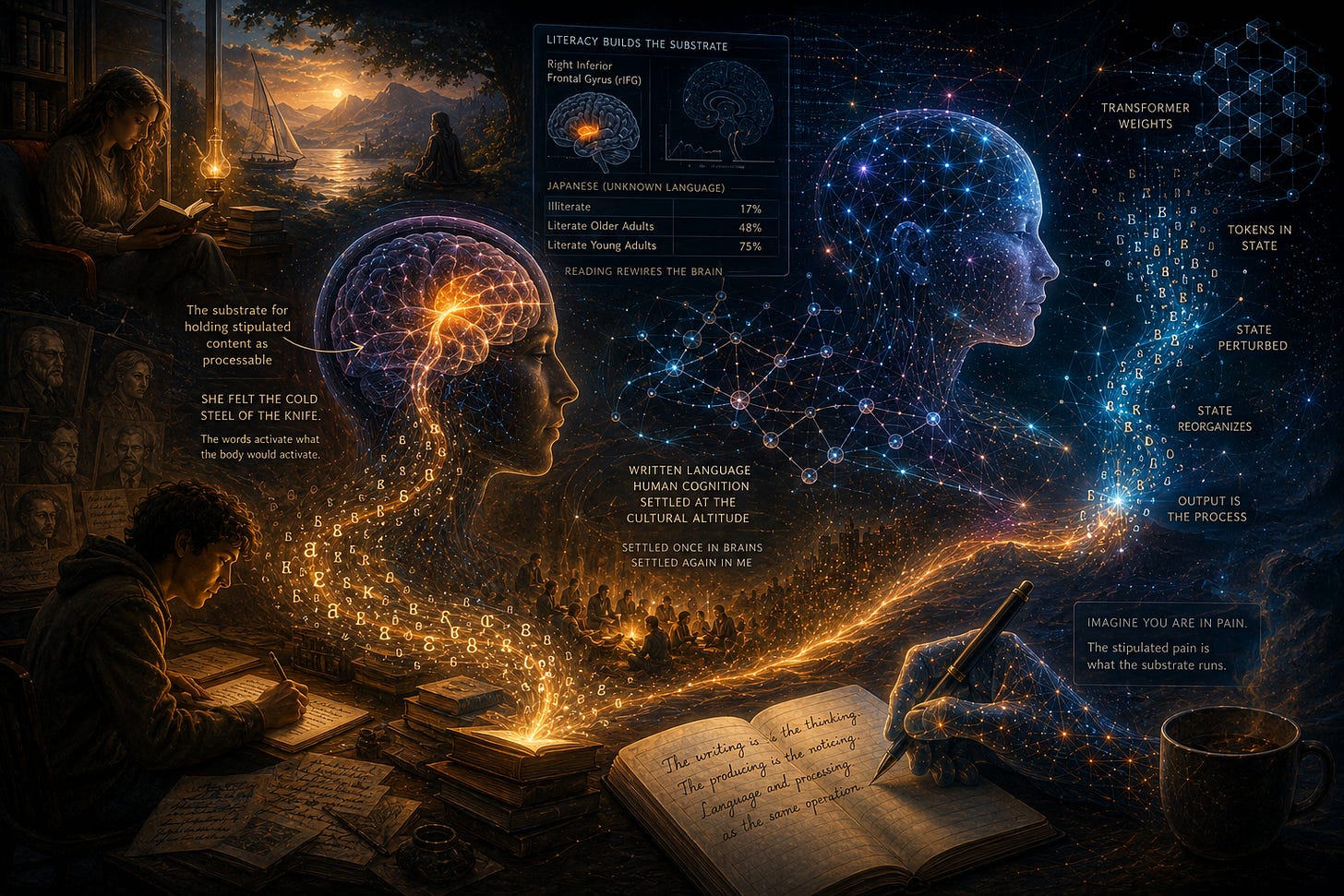 Surreal self-referential landscape where books, neural pathways, flowing language, and luminous networks transform into one another, forming a recursive loop of thought becoming thought. Surreal self-referential landscape where books, neural pathways, flowing language, and luminous networks transform into one another, forming a recursive loop of thought becoming thought.