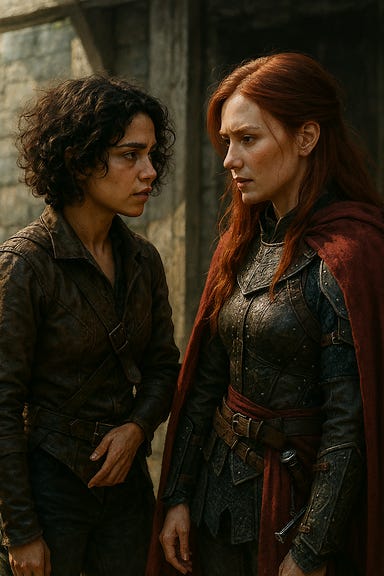 A dark fantasy scene depicting Eliza, visually inspired by Rosa Salazar, dressed in rogue’s leathers. She stands in conversation with Ireena, visually inspired by Tamsin MacKenzie, with striking red hair. Ireena is dressed in her armor and a long crimson coat. The two women face each other in the courtyard of the Wizard of Wines Winery, moonlight casting silver highlights across their features. Eliza’s leathers are dark and practical, with daggers at her belt, while Ireena’s crimson coat flows over her armor, her sword at her side. The atmosphere is tense but intimate, with ravens perched on beams above and mist curling at their feet.