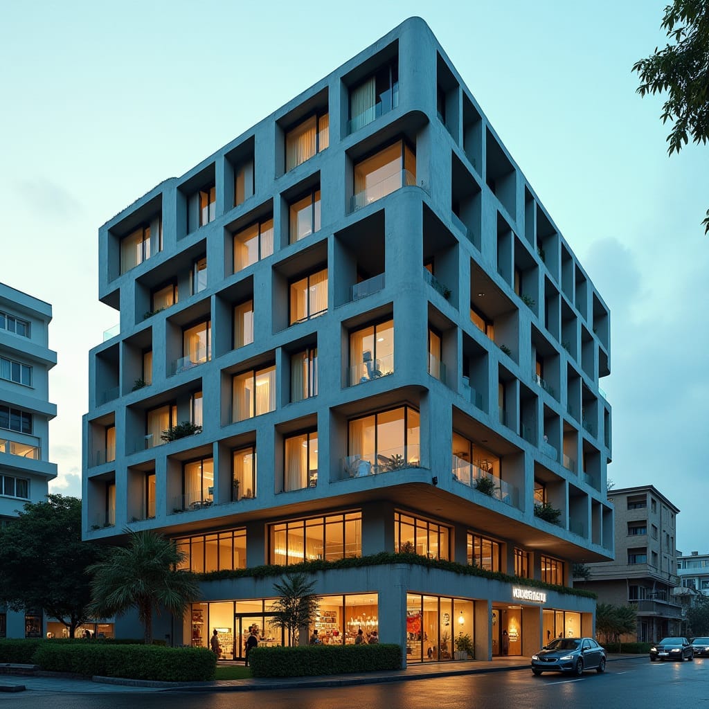 0 bedroom modern jamaican apartment block, lots of rectangle protruding windows, multi level large openings, bold looking in city area shops below in kingston jamaica