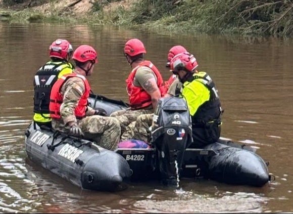 Rescue team searching for flood victims on the Guadalupe River in Kerr County, Texas (July 6, 2025)