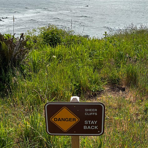 three views of the Northern California coastline with rocky cliffs, ocean waves and a sign reading "Danger sheer cliffs stay back"