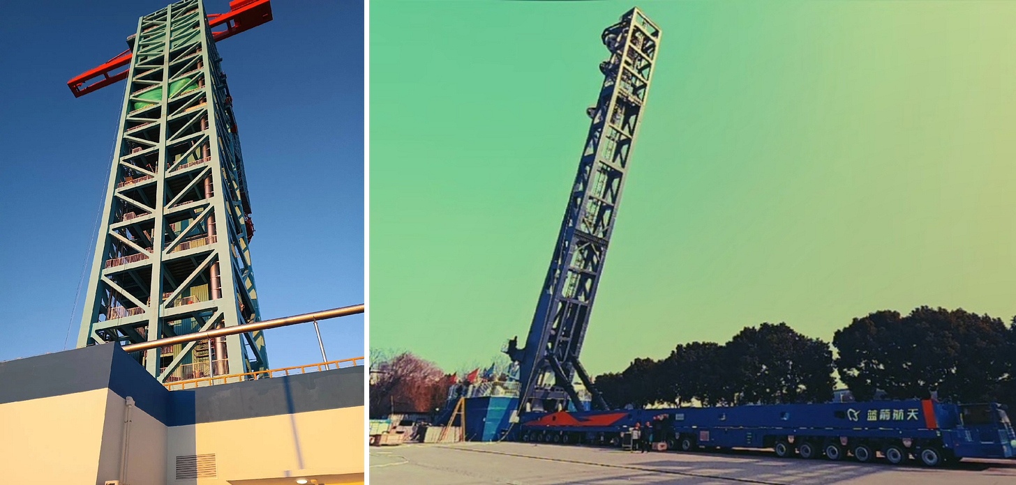 Zhuque-3’s launch tower (left) and its transporter-erector (right).