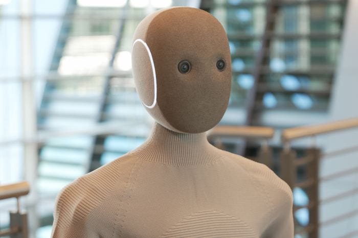 Close-up of Neo, the 1X Neo Robot. Neo has two cameras as eyes.