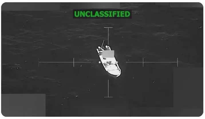This suspected drug smuggling boat was one of three targeted by the US Navy in the Pacific Ocean on December 15, 2025.