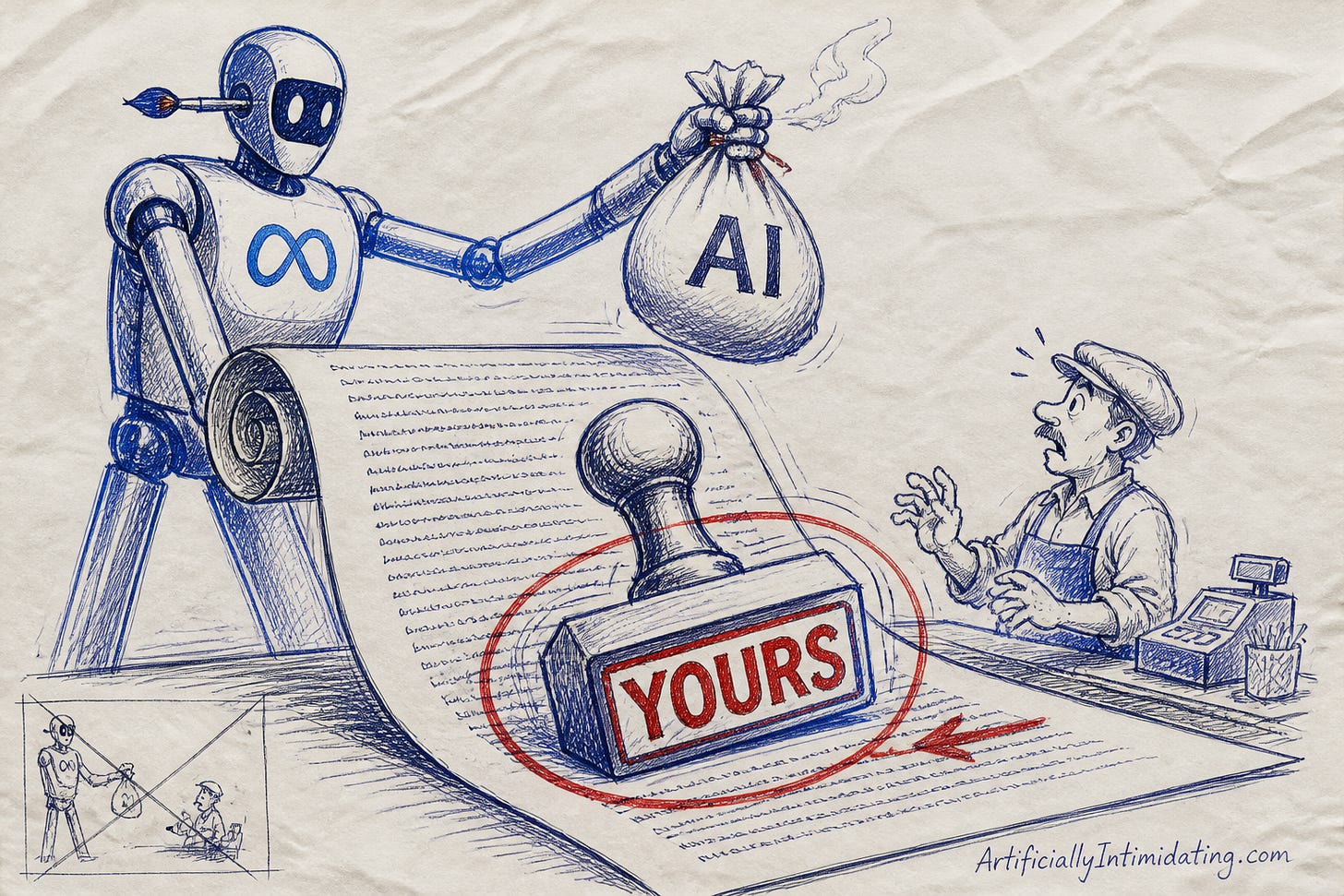 A tall slim blue bot with a visor face, an infinity-loop emblem on its chest and a paintbrush behind its ear tosses a sack labeled AI toward a startled shopkeeper while a giant red stamp reading YOURS slams onto a long scroll of fine print. A tall slim blue bot with a visor face, an infinity-loop emblem on its chest and a paintbrush behind its ear tosses a sack labeled AI toward a startled shopkeeper while a giant red stamp reading YOURS slams onto a long scroll of fine print.